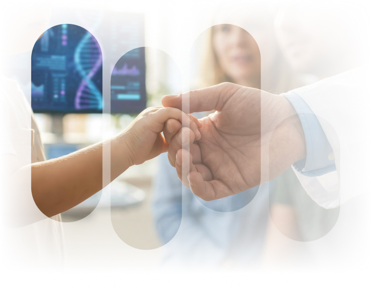 Mother with doctor holding baby's hand.